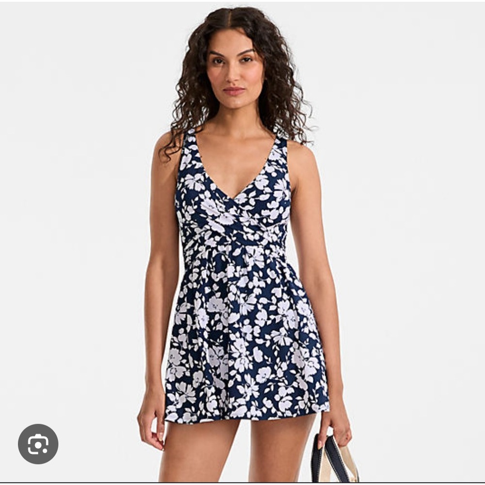 Lands' End Swim Dress 12 One Piece SlenderSuit Wrap UPF 50 Navy Floral Modest